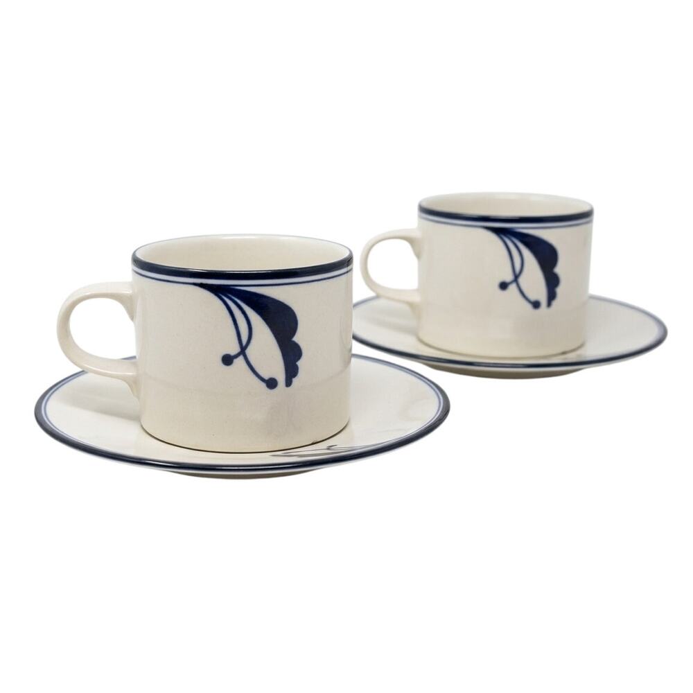 Dansk Flora Bayberry Blue Vintage Teacup Saucer 2 Sets Porcelain Cobalt Japan